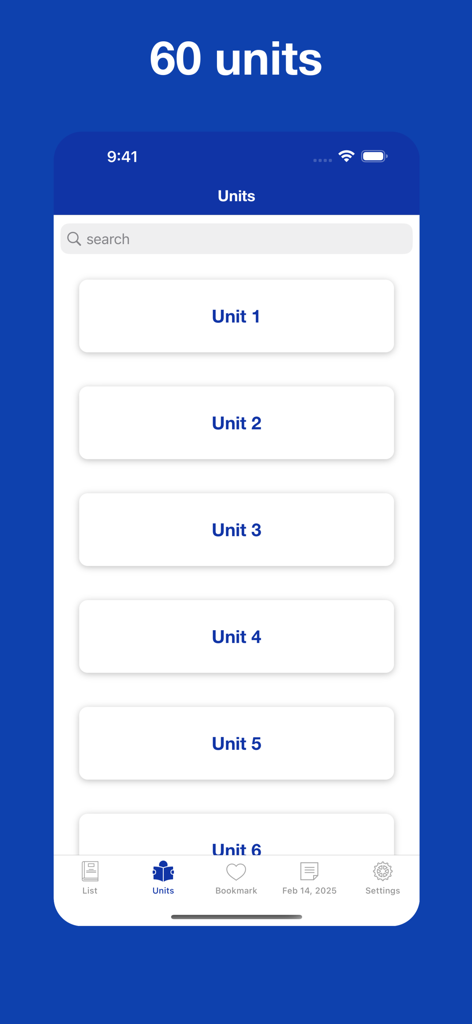 アプリ内で60の構成された英語学習ユニットのリストが表示されているモバイル画面