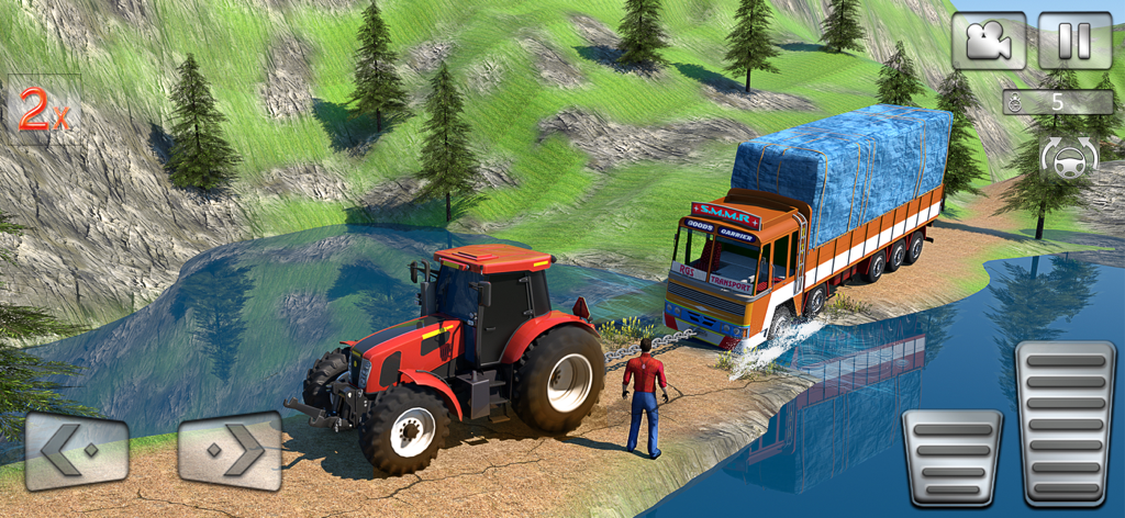 A red tractor towing a large cargo truck across a narrow path over water in a 3D mountain environment