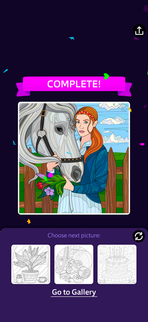 Color by Number: Craft & Art - Une page de coloriage numérique terminée d'une femme et d'un cheval avec une bannière "Complété"