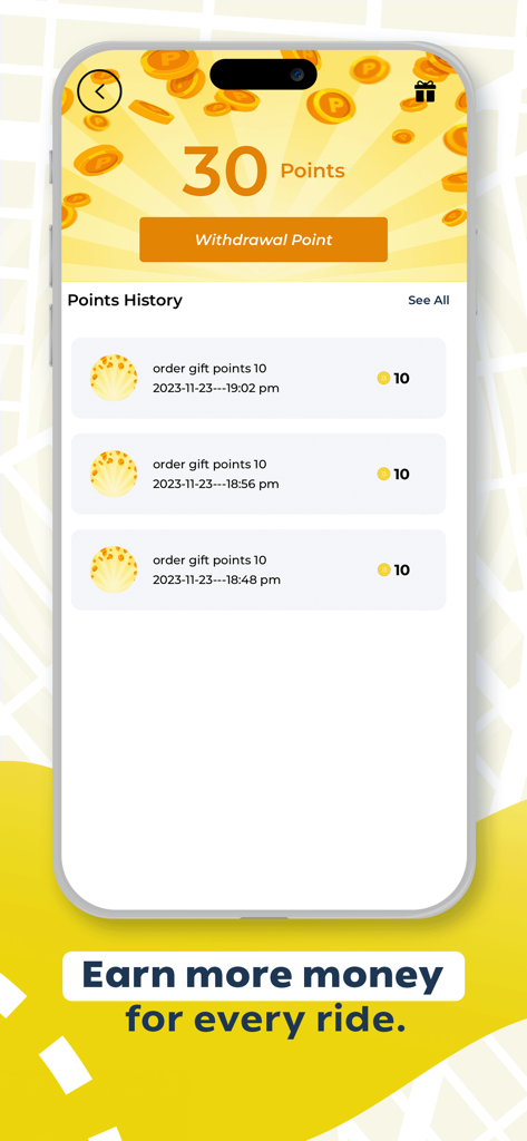 Captain One Driver app screen showing points earned and withdrawal options for drivers