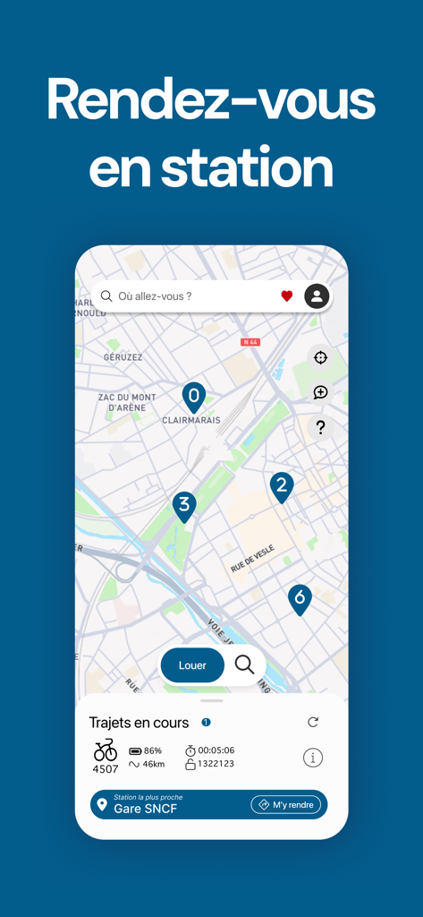 A mobile app interface displaying a map with bike-sharing station locations and real-time trip details.