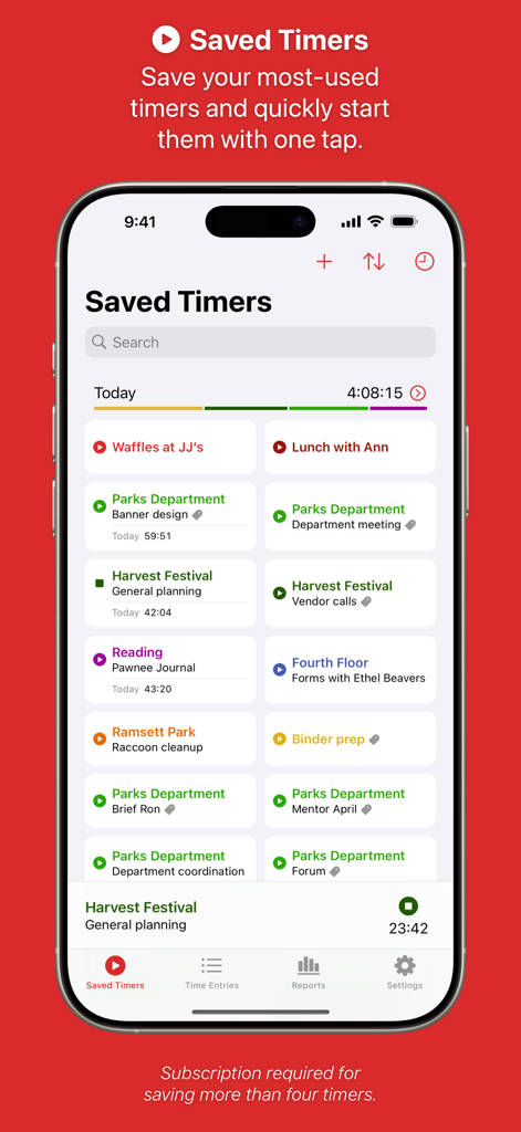 Timery: Time Tracker - Timery app interface on iPhone showing saved time tracking timers for various tasks