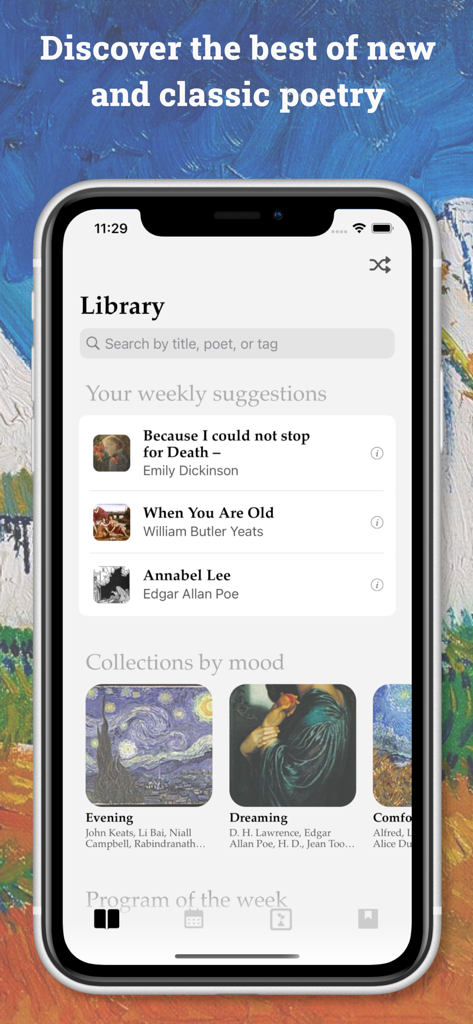 Poesie: The Daily Poetry App - Poesie app library screen showing weekly poem suggestions and collections by mood
