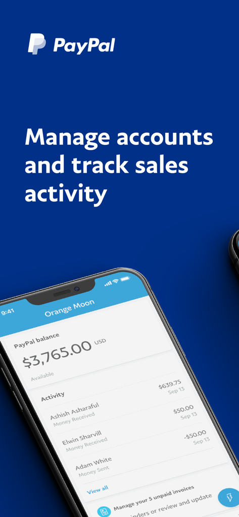 PayPal Business App-Oberfläche mit Kontostand und Transaktionsverlauf