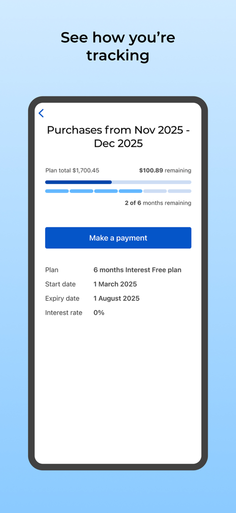 Latitude App interface showing progress of an interest-free payment plan and make a payment button