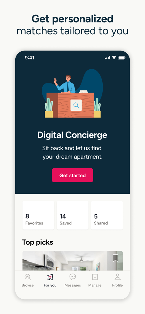 Zumper - Apartment Finder - Interfaz de la aplicación Zumper que presenta un servicio de conserjería digital para coincidencias personalizadas de alquiler de apartamentos.