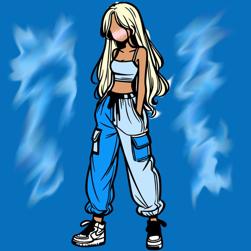 girl in baggy pants crop top and long hair