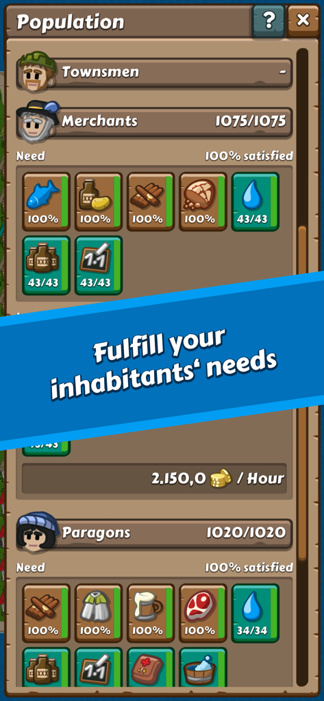 Paragon Pioneers - Pantalla de gestión de población en Paragon Pioneers mostrando las necesidades de los habitantes e iconos de recursos