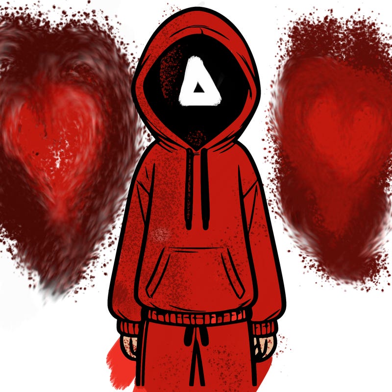 faceless girl in a tracksuit with a hood on and no hair