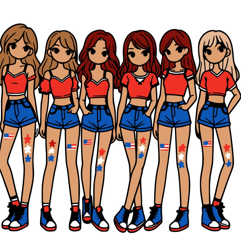 a group of girls wearing crop tops and shorts