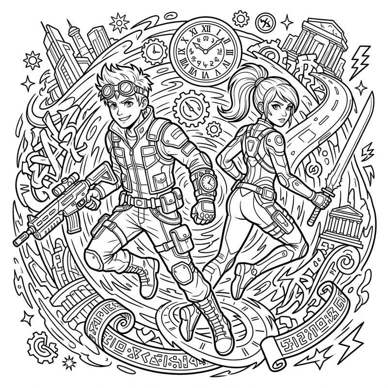 Dive into a thrilling time-travel mission with this dynamic coloring page featuring two brave Teen Temporal Mercenaries. With intricate details and futuristic gear, it's designed to challenge and inspire young artists.