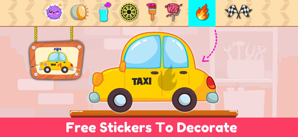Un taxi amarillo de dibujos animados decorándose con pegatinas de fuego en la interfaz de un juego de coches para niños