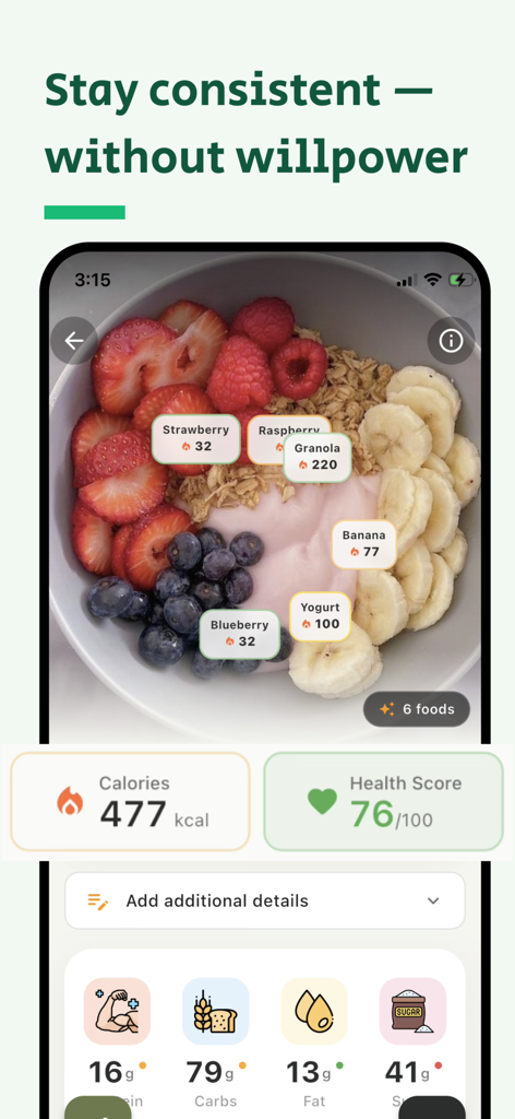 Caloryx: AI Calorie Tracker - Caloryx app interface displaying AI food recognition on a yogurt bowl with calorie and macronutrient breakdown.