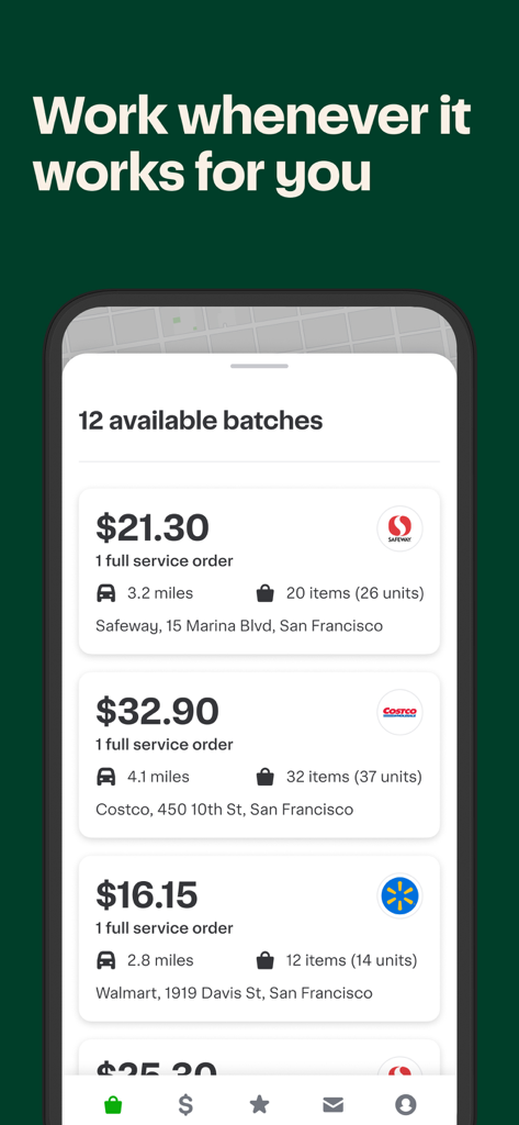 Mobile screen of the Instacart Shopper app showing available delivery batches with estimated earnings and store locations