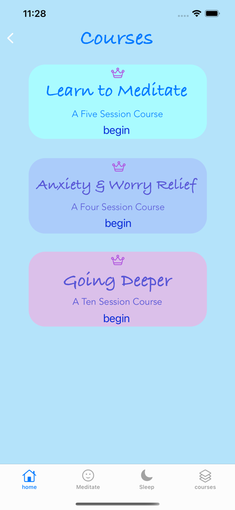 Meditation Oasis: Simply Being - Screenshot of the meditation courses menu in the Simply Being app showing options for beginners and anxiety relief.