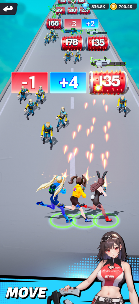 Run! Goddess - Three anime goddess characters running and shooting through numerical gates in a parkour survival challenge