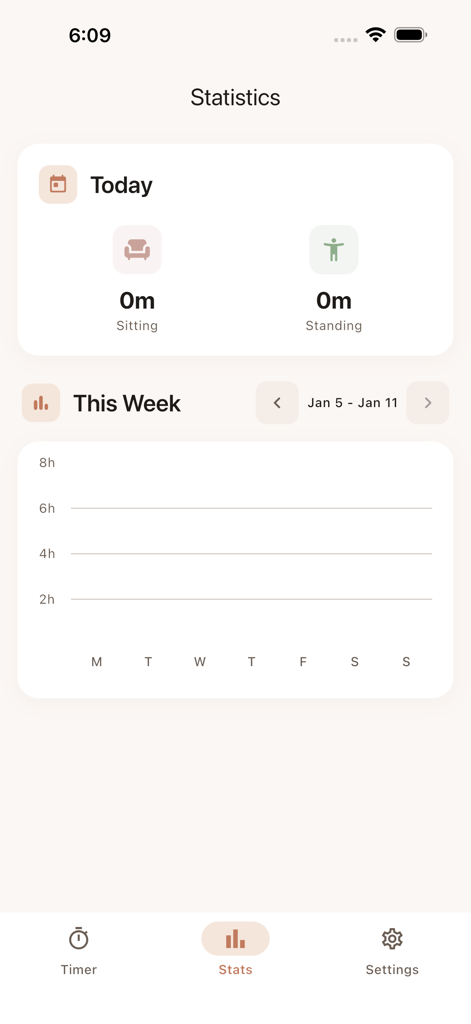 Stao: Standing Desk Reminder - The Statistics screen of the Stao app showing daily sitting and standing time tracking and a weekly progress chart.