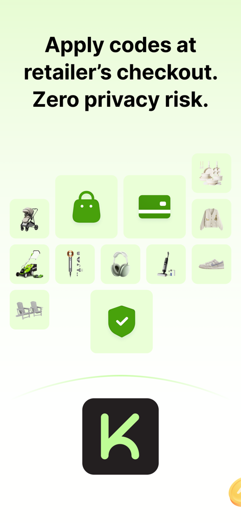 Koupon app screen highlighting zero privacy risk and direct checkout at retailers