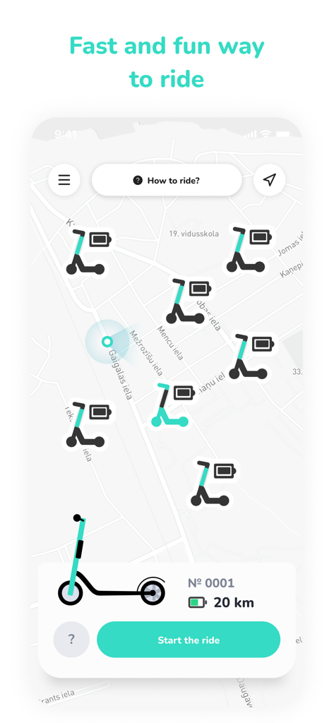 Hoppy Mobility - Hoppy Mobility app map interface showing available electric scooters and start ride button