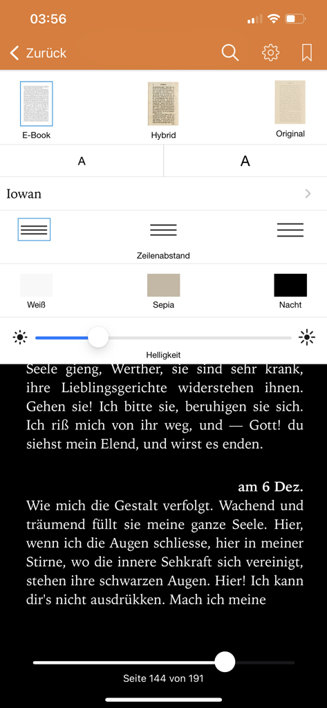 Deutsche Klassiker - Interface showing reading customization options including night mode and font settings in the Deutsche Klassiker app