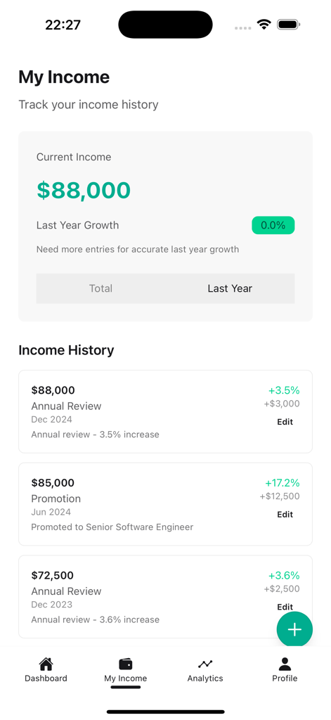 Income Tracker - Real Growth - Dashboard of the Income Tracker app showing a detailed history of salary growth and career promotions