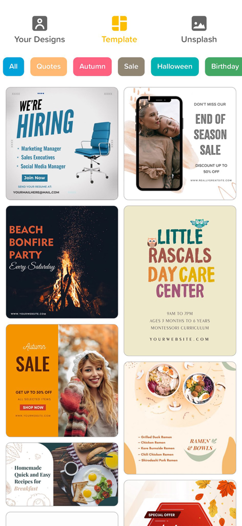 Interface of Quote Maker app showing various design templates for sales, hiring, events, and business posters.