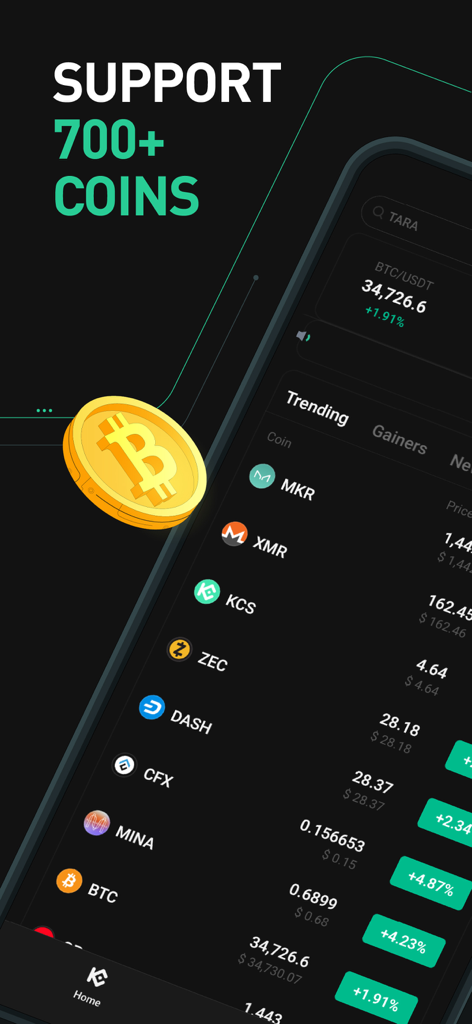 KuCoin 정보 앱 스크린샷은 인기 있는 암호화폐 목록과 700개 이상의 코인 지원을 강조하는 텍스트를 보여줍니다.