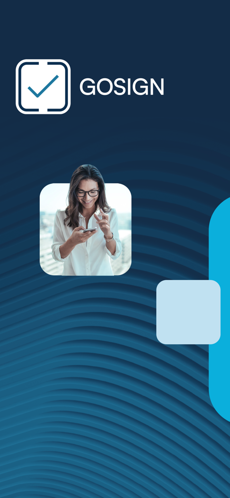 GoSign mobile app splash screen showing a professional woman using her smartphone for digital document signing
