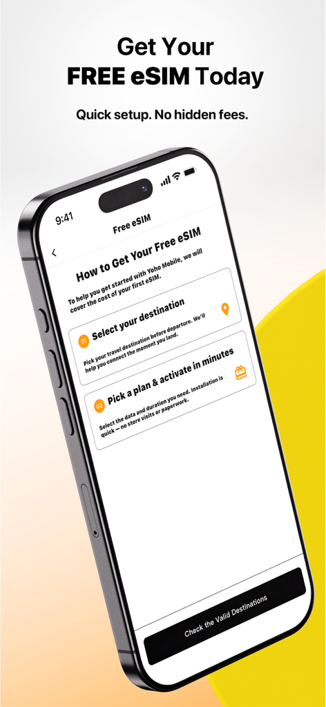 Yoho eSIM: AI Travel Data/Call - Yoho eSIM app screen detailing steps to activate a free international travel eSIM with no hidden fees.