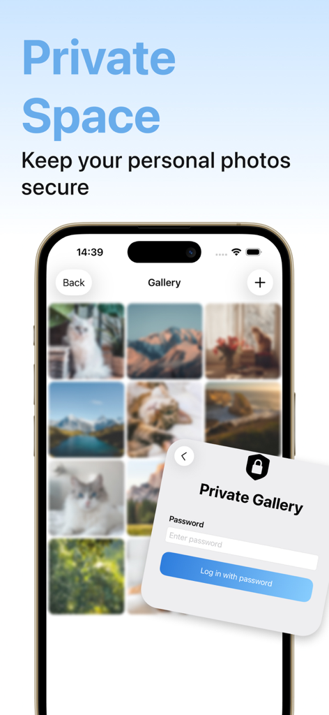 Phone cleaner - Simple clean - Una pantalla de smartphone que muestra una galería de fotos privada con una solicitud de inicio de sesión con protección por contraseña.
