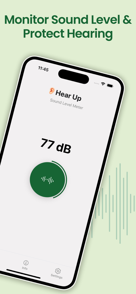 Sound Meter, dB - HearUp - HearUp app interface displaying a sound level measurement of 77 decibels.