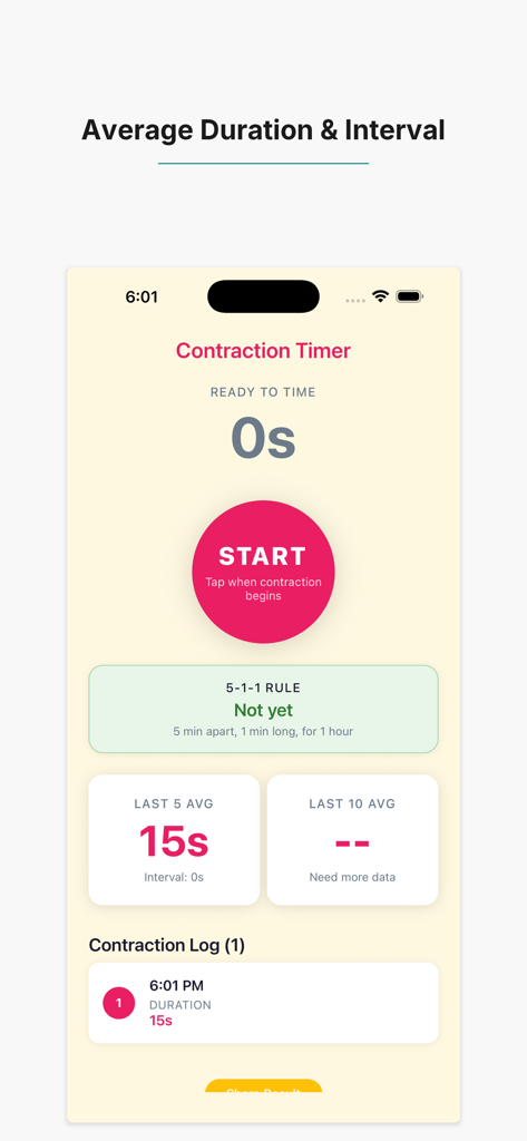 Contraction Timer: 5-1-1 - Contraction Timer app interface showing average duration and interval for labor tracking