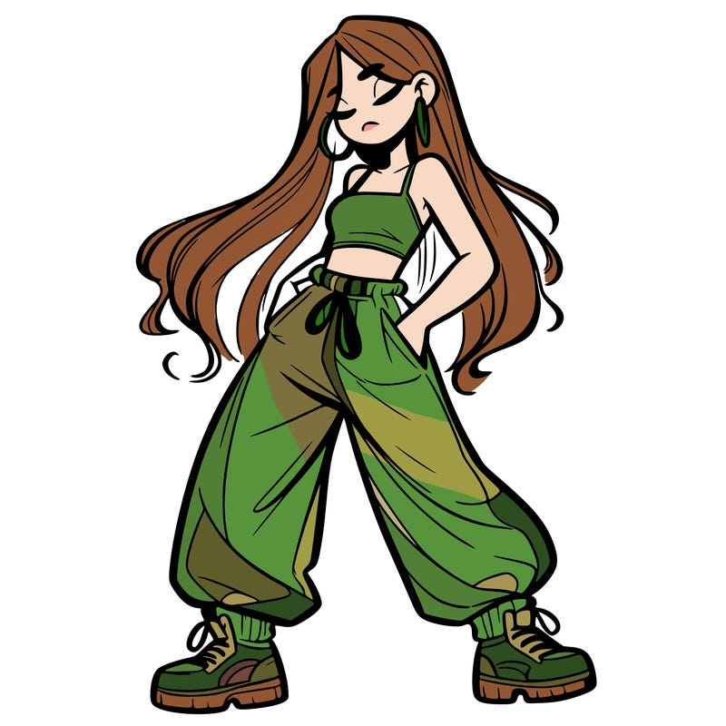 girl in baggy pants crop top and long hair
