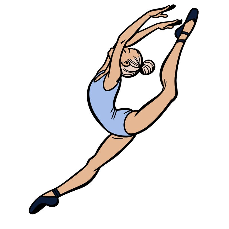 gymnast doing a leap in a leotard with a bent back leg