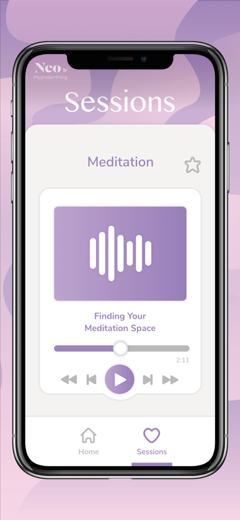 Neo Hypnobirthing - Interfaz de la aplicación Neo Hypnobirthing que muestra un reproductor de audio de sesión de meditación.