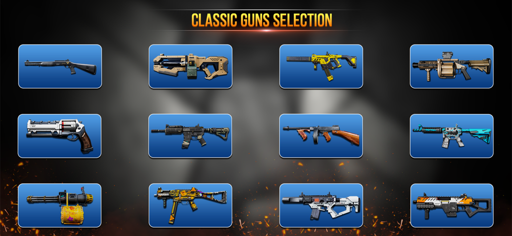 Gun Sound Simulator - Fake Gun - A menu screen showing a grid of various firearms and tactical weapons available in the gun sound simulator app.