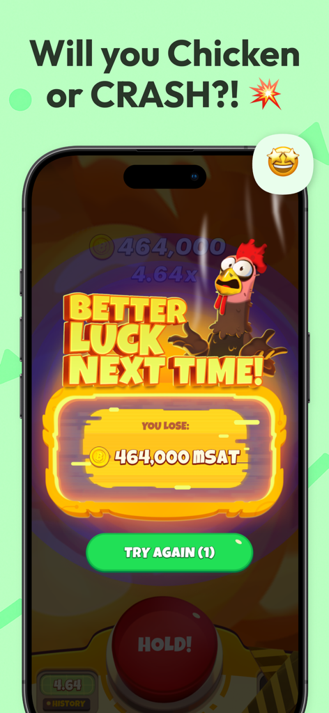 464,000 mSAT 손실과 충격받은 만화 닭을 보여주는 치킨 또는 추락의 게임 오버 화면.