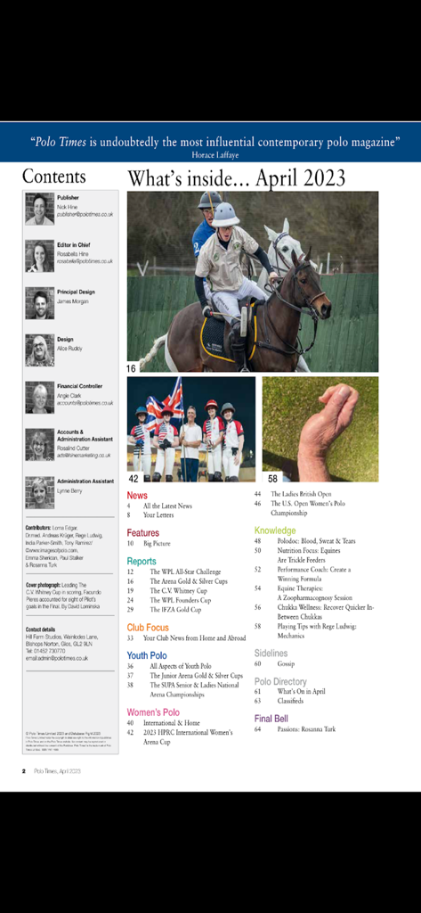 Polo Times - Digital contents page of Polo Times magazine showcasing various articles and professional polo sports photography.