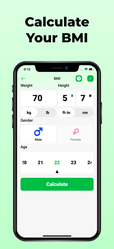 BMI-Calculator Weight App - Pantalla de la app calculadora de IMC para introducir peso, altura, género y edad