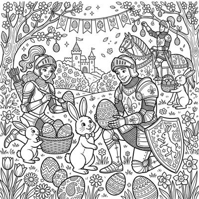 Journey to a fantastical medieval realm where valiant knights and playful Easter bunnies unite for a heartwarming spring celebration. This unique coloring page blends chivalry with seasonal joy, offering an engaging artistic adventure for all ages.