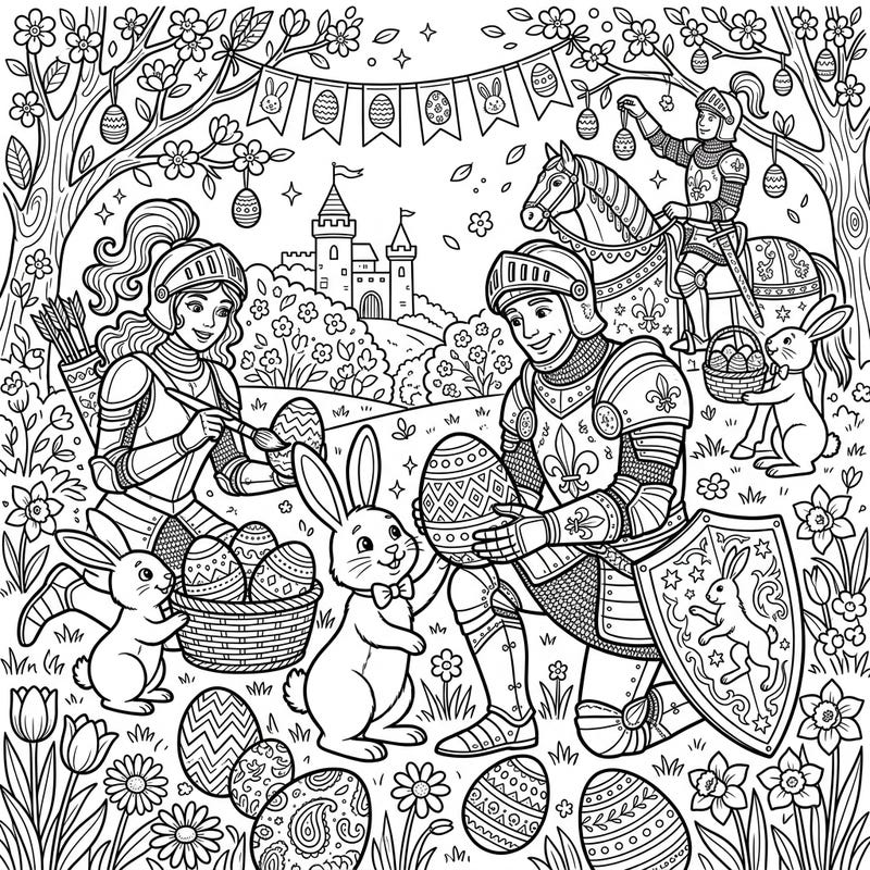 Journey to a fantastical medieval realm where valiant knights and playful Easter bunnies unite for a heartwarming spring celebration. This unique coloring page blends chivalry with seasonal joy, offering an engaging artistic adventure for all ages.