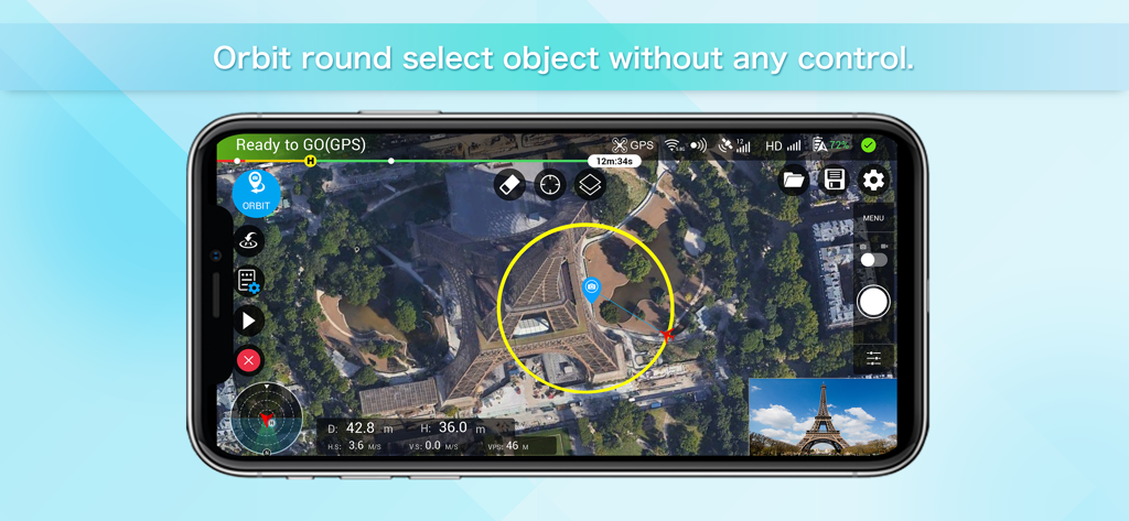 Screenshot of Rainbow for DJI Drones app interface showing an automated orbit mission around the Eiffel Tower on a satellite map.