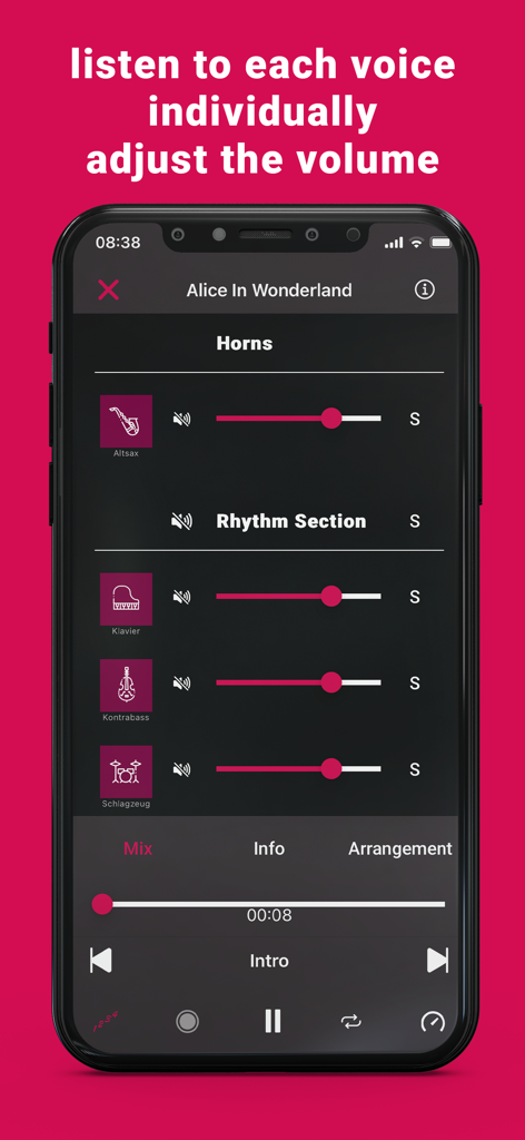 Oberfläche der mobilen App mit Lautstärkereglern und Solo- oder Stummschaltungsoptionen für verschiedene Instrumentenspuren