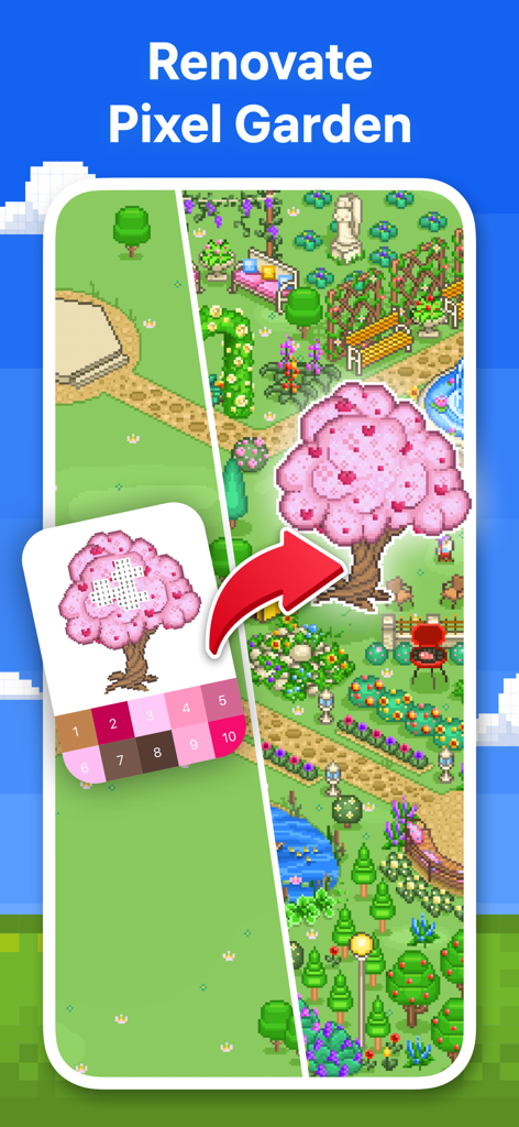 A split screen showing a pixel garden being renovated by coloring a pink cherry blossom tree.