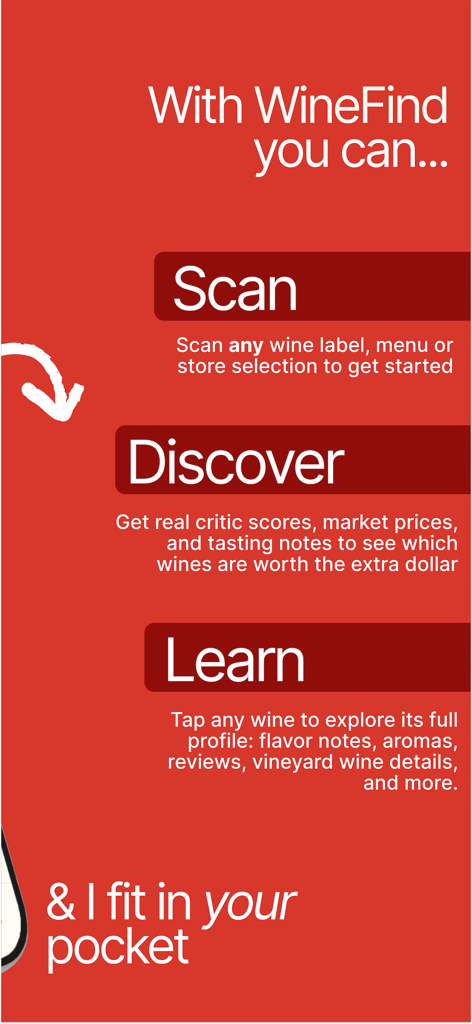 A feature summary for Wine Find app highlighting the scan discover and learn functions on a red background