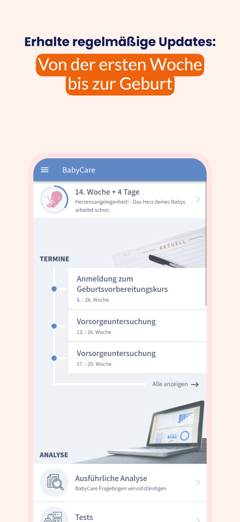주간 업데이트 및 예정된 의료 약속을 보여주는 임신 추적기 인터페이스