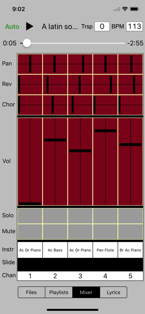 Sweet MIDI Player - Sweet MIDI Player 믹서 인터페이스. 볼륨 슬라이더와 채널 컨트롤이 있습니다.