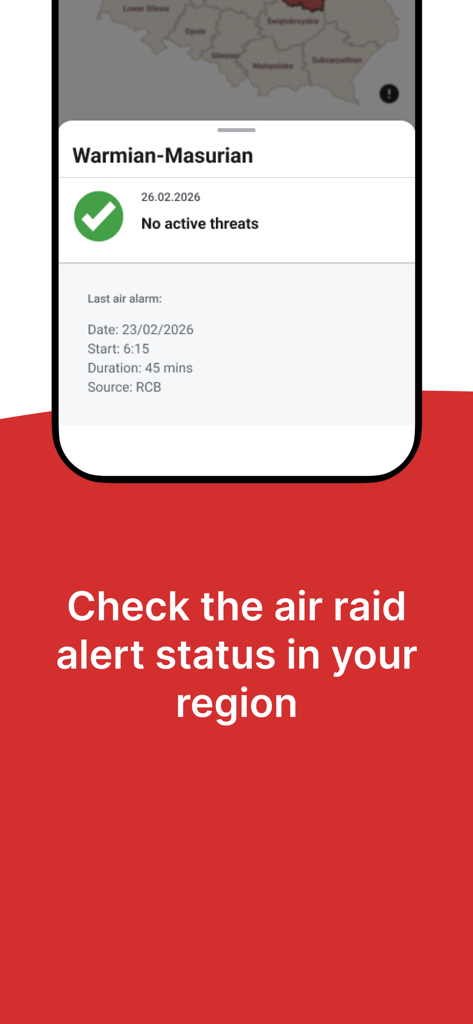 AlertyPL: Alarm Powietrzny - AlertyPL mobile app screen showing air raid alert status and history for the Warmian-Masurian region in Poland