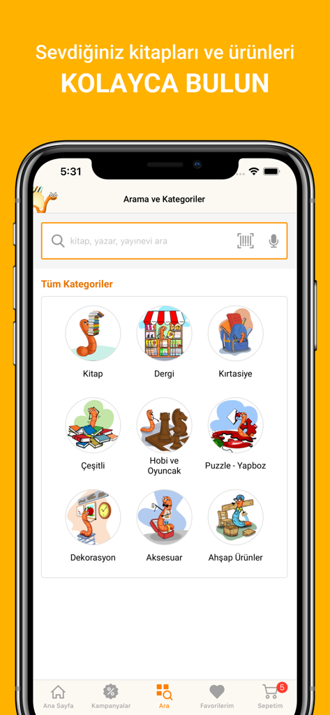 Kitapyurdu - Tela de busca do aplicativo Kitapyurdu exibindo várias categorias de compras como livros e artigos de papelaria com ilustrações coloridas