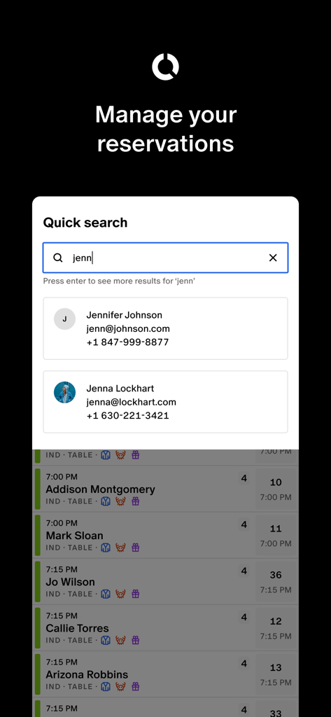 Tock Dashboard - Tock Dashboard app interface showing a quick search for managing guest reservations and seating